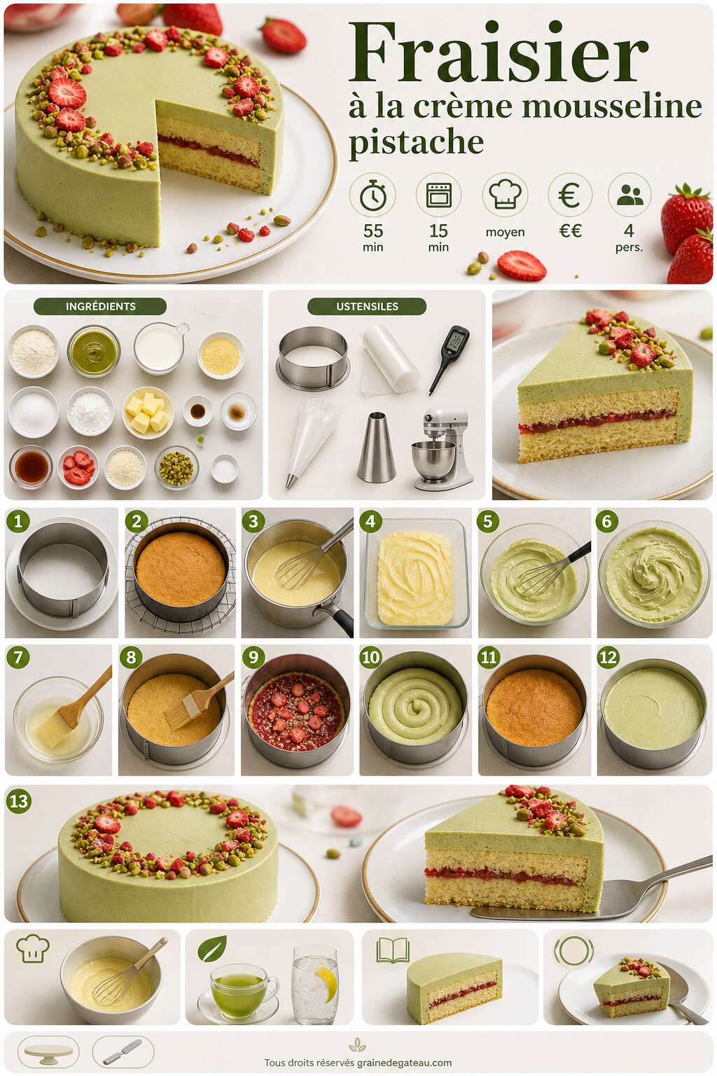 Fiche recette Recette du fraisier à la crème mousseline pistache Fiche recette Recette du fraisier à la crème mousseline pistache