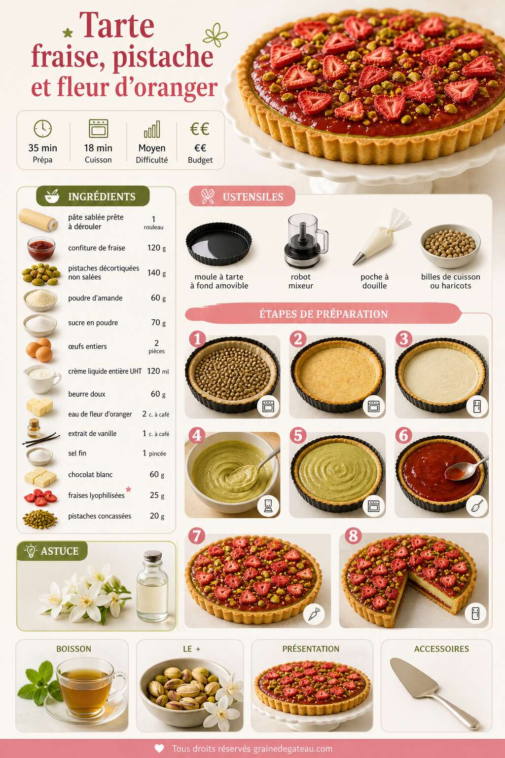Fiche recette Recette de tarte fraise, pistache et fleur d'oranger