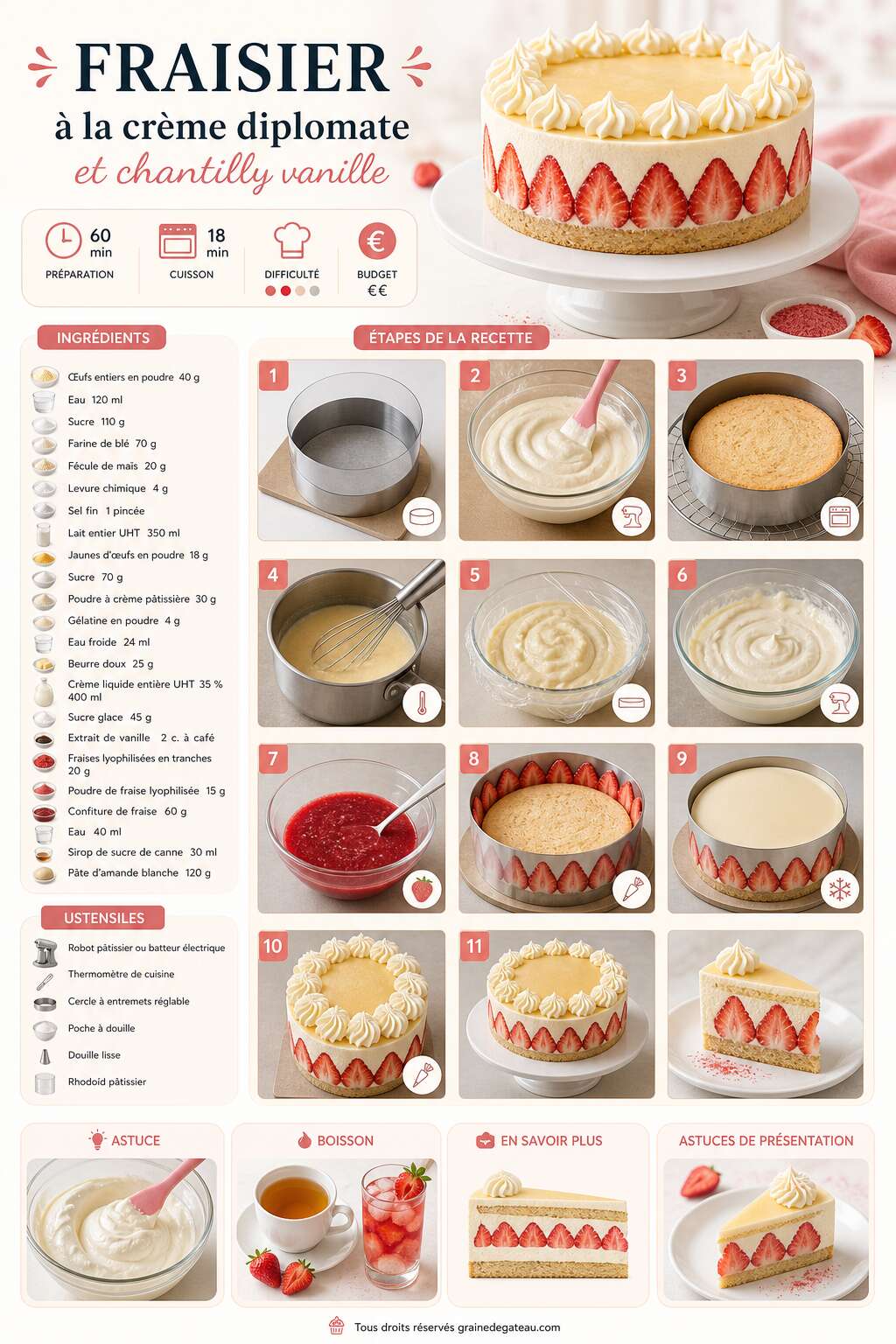 Fiche recette Recette du fraisier &agrave; la cr&egrave;me diplomate et chantilly vanille