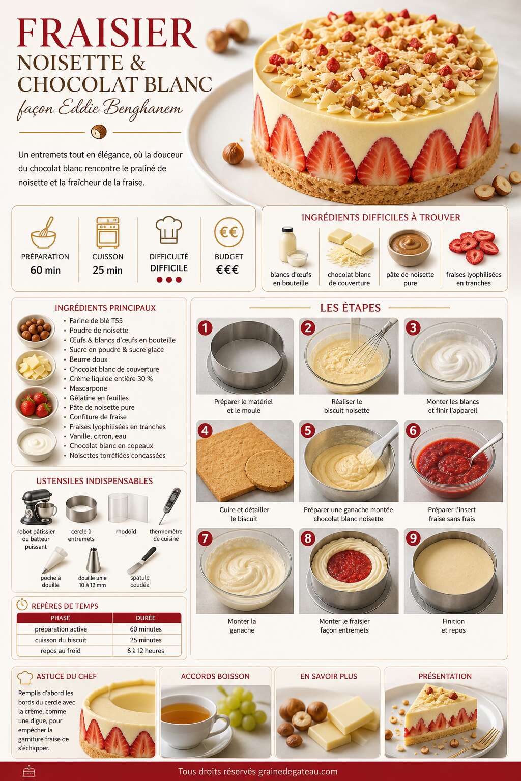 Fiche recette Recette du fraisier d'Eddie Benghanem &agrave; la noisette et au chocolat blanc