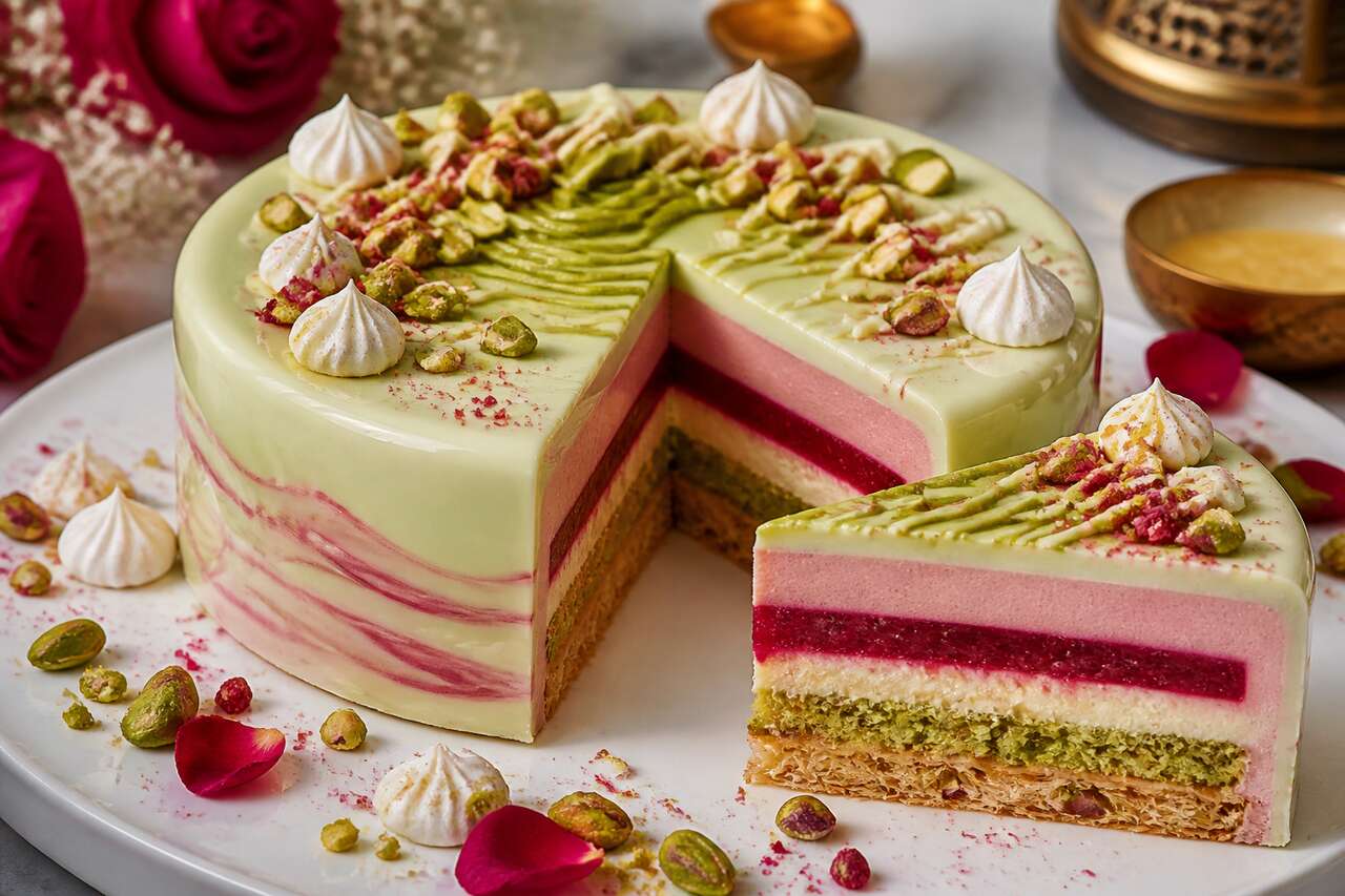 Recette d'entremets fraise, pistache et fleur d'oranger « Fleur d'Orient »