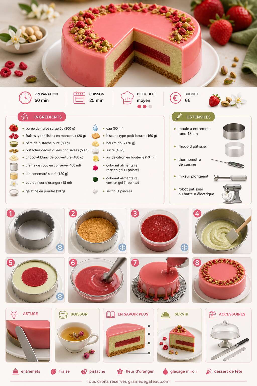 Fiche recette Recette d'entremets fraise, pistache et fleur d'oranger &laquo; Fleur d'Orient &raquo;