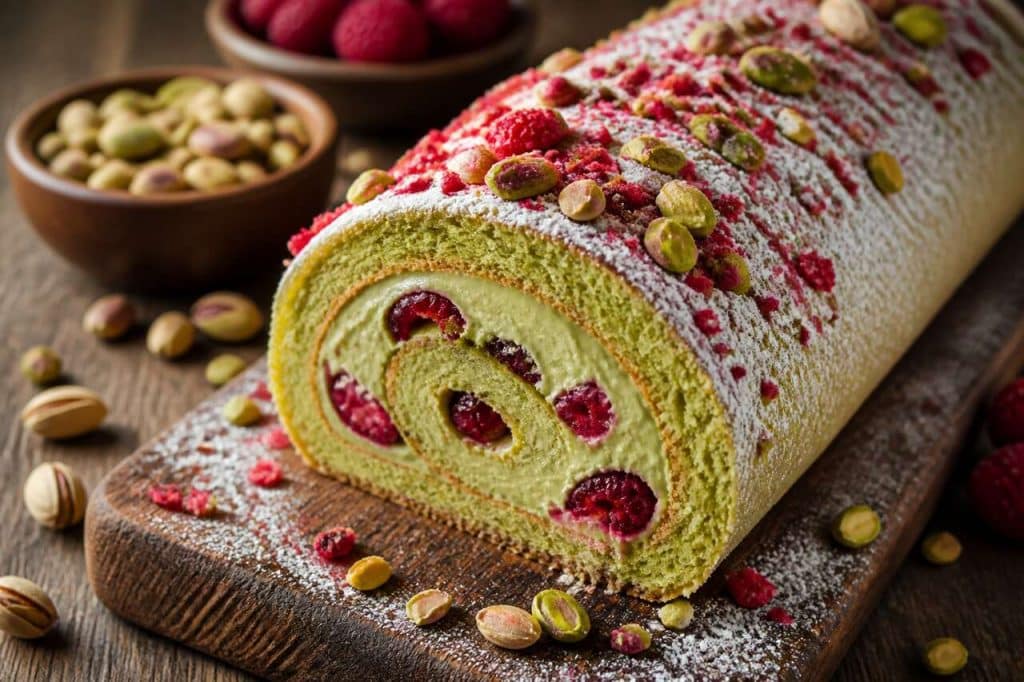 Recette du roulé pistache, fruits rouges et vanille
