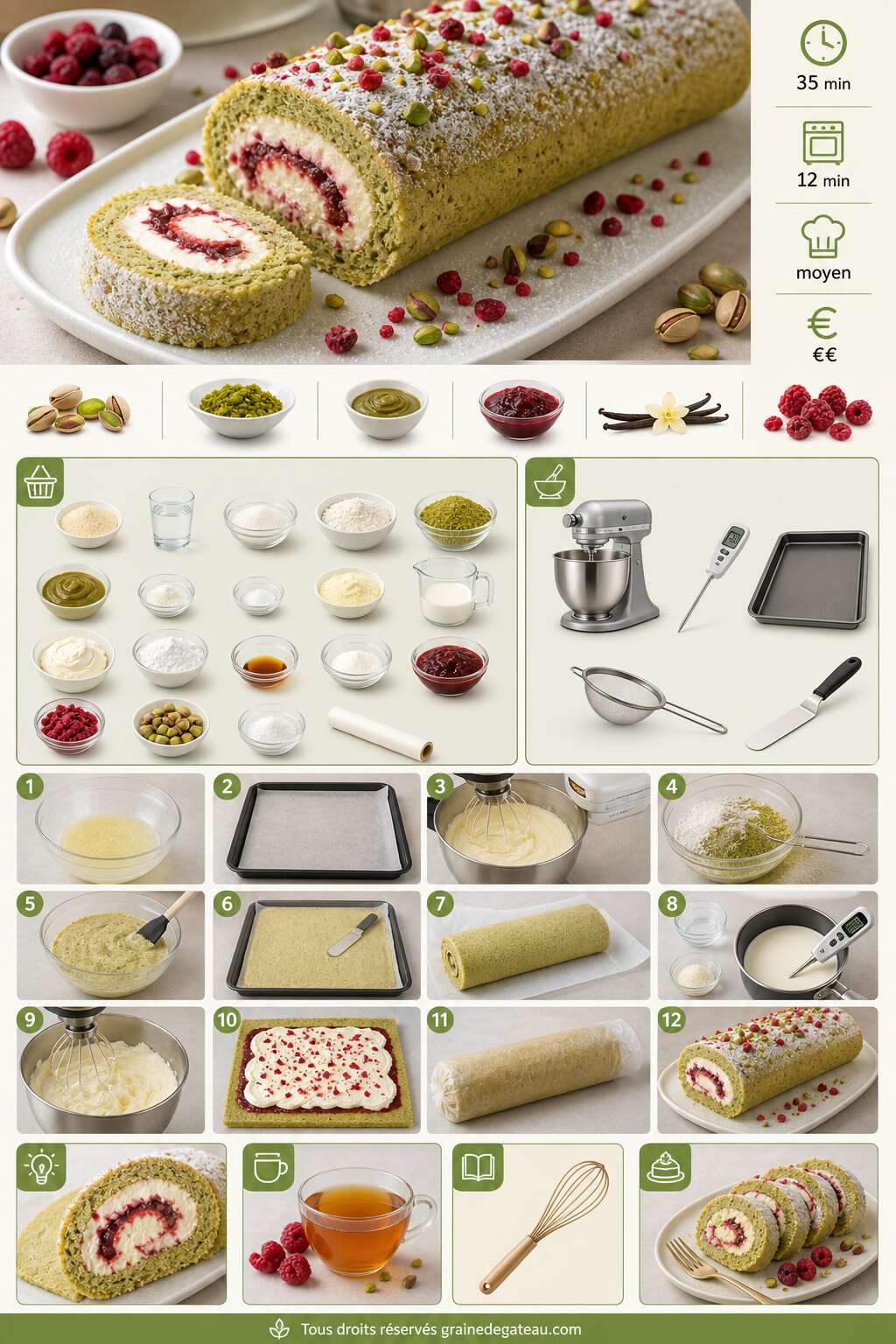 Fiche recette Recette du roulé pistache, fruits rouges et vanille Fiche recette Recette du roulé pistache, fruits rouges et vanille