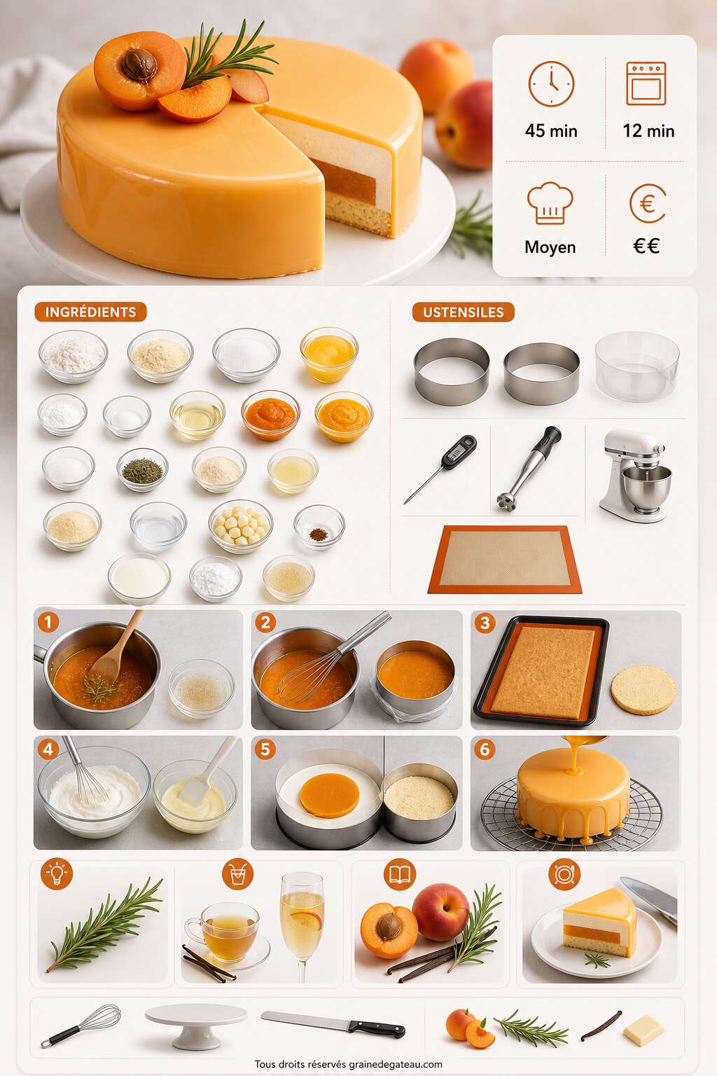 Fiche recette Recette d'entremets abricot, romarin, pêche et vanille Fiche recette Recette d'entremets abricot, romarin, pêche et vanille