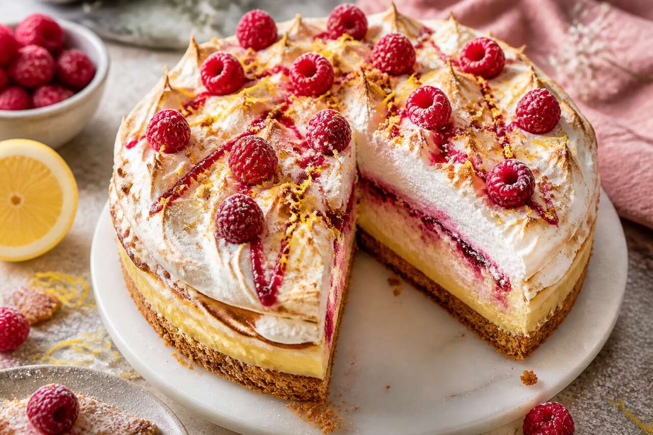 Recette du gâteau meringué au citron et aux framboises