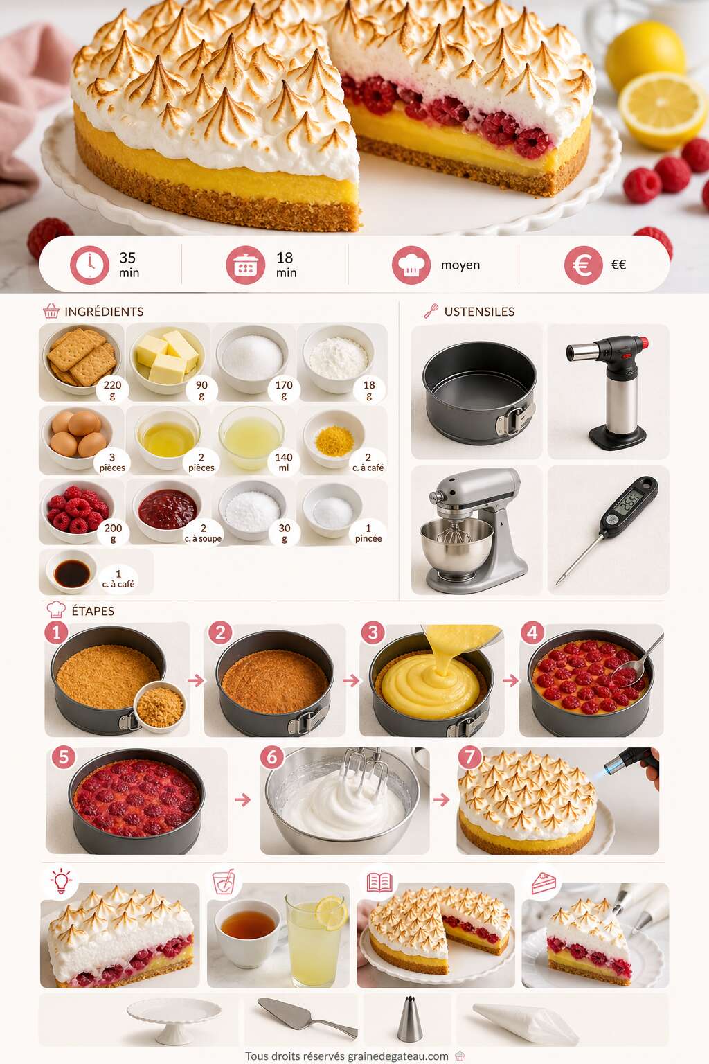 Fiche recette Recette du gâteau meringué au citron et aux framboises Fiche recette Recette du gâteau meringué au citron et aux framboises