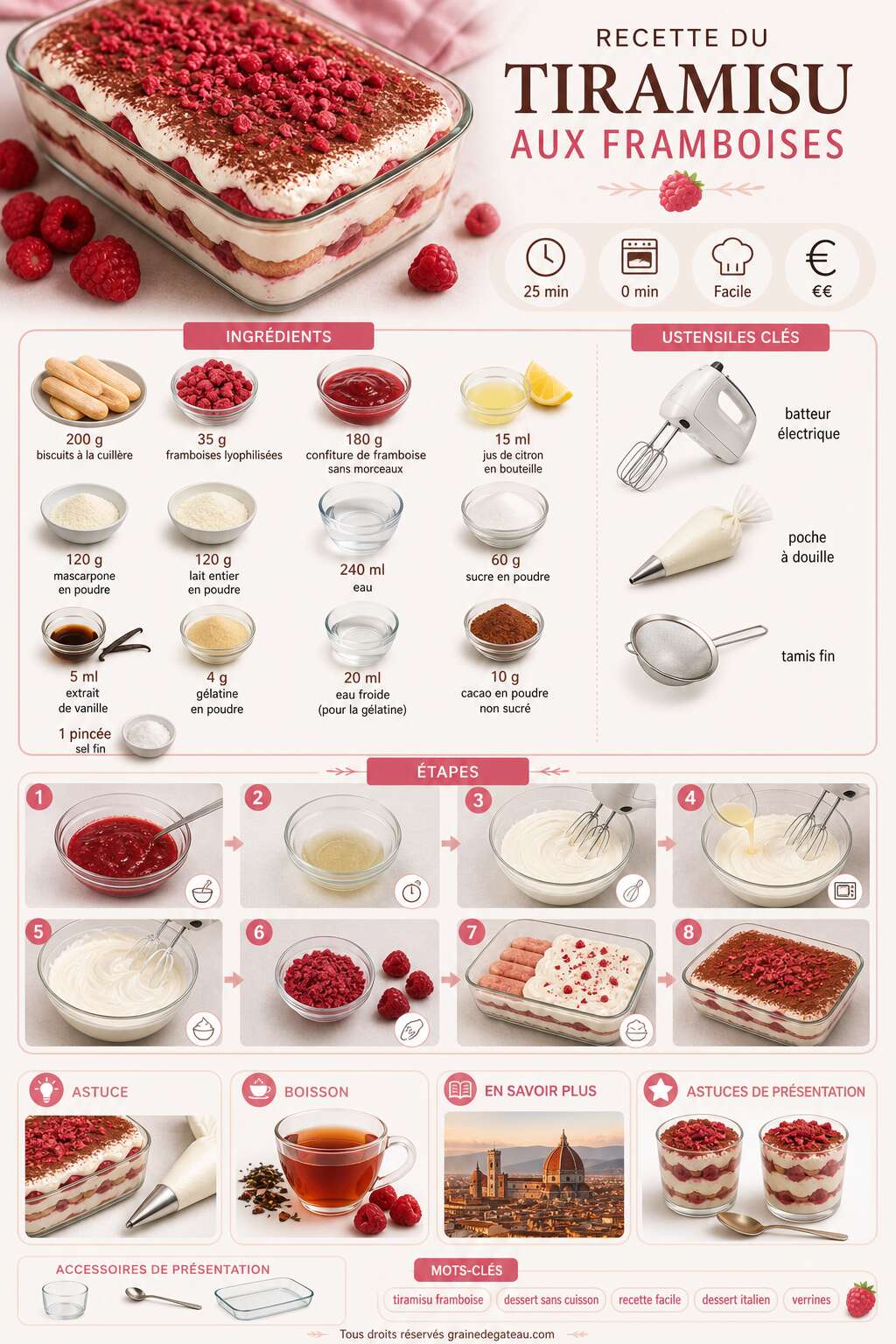 Fiche recette Recette du tiramisu aux framboises Fiche recette Recette du tiramisu aux framboises