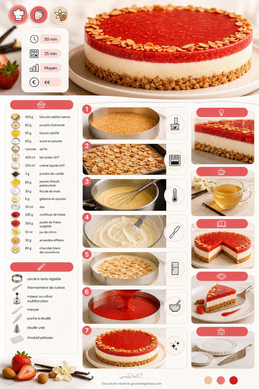 Fiche recette Recette de tarte entremets fraise, vanille et amande