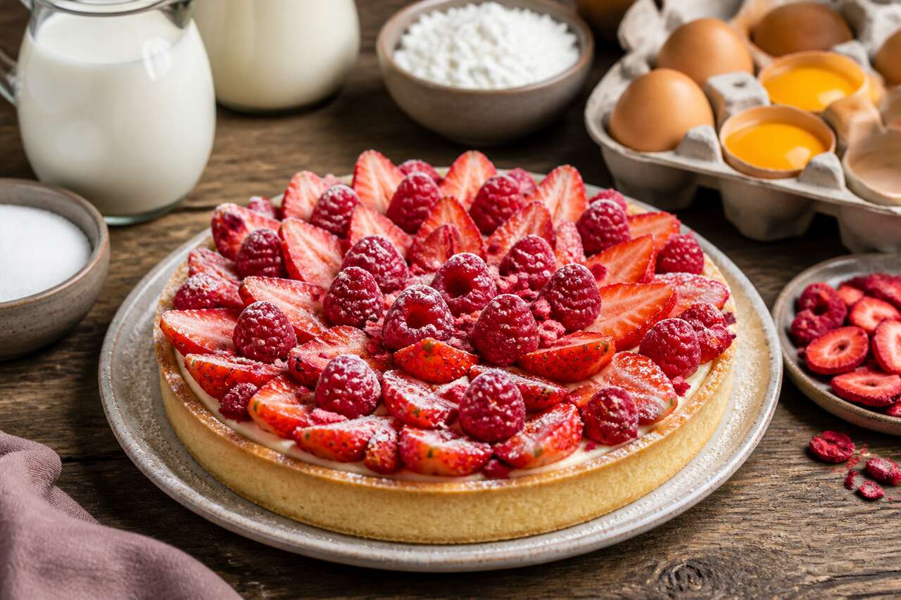 Recette de tarte fraise-framboise à la crème diplomate vanillée