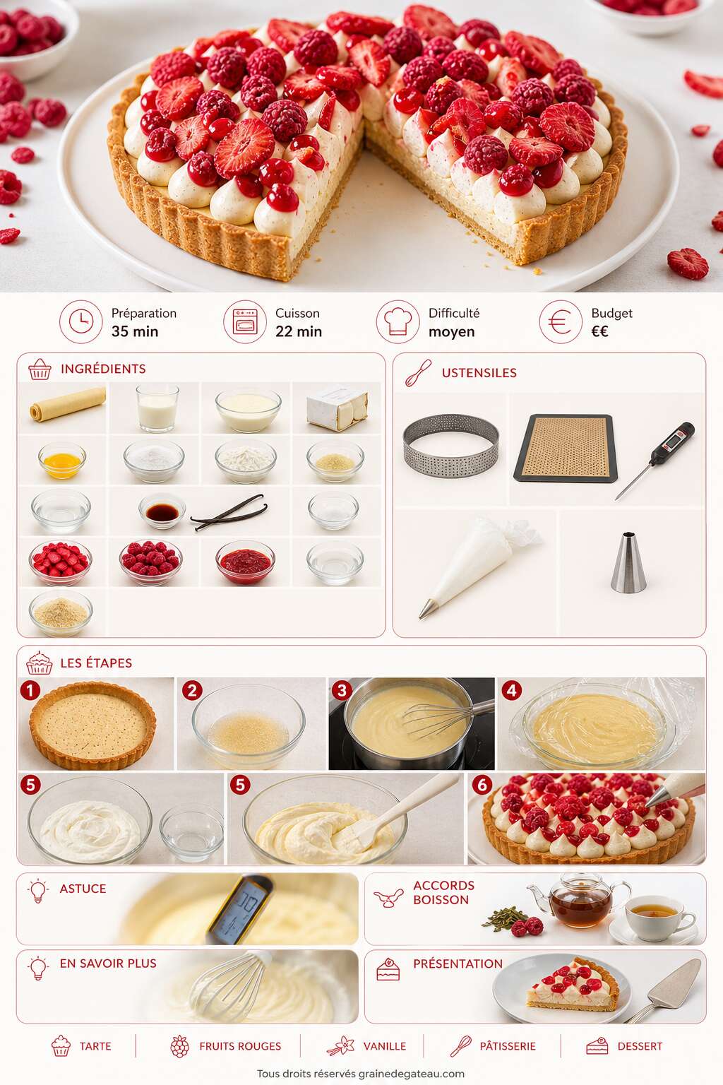 Fiche recette Recette de tarte fraise-framboise à la crème diplomate vanillée Fiche recette Recette de tarte fraise-framboise à la crème diplomate vanillée