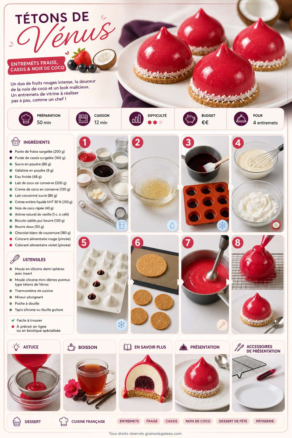 Fiche recette Recette d'entremets fraise, cassis et noix de coco : les tétons de Vénus Fiche recette Recette d'entremets fraise, cassis et noix de coco : les tétons de Vénus