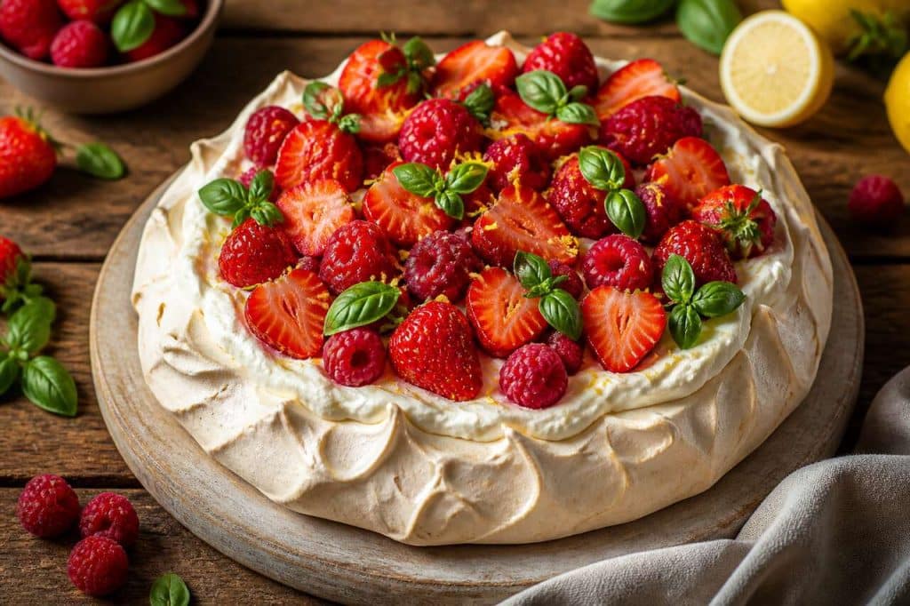 Recette de pavlova aux fraises, framboises et basilic