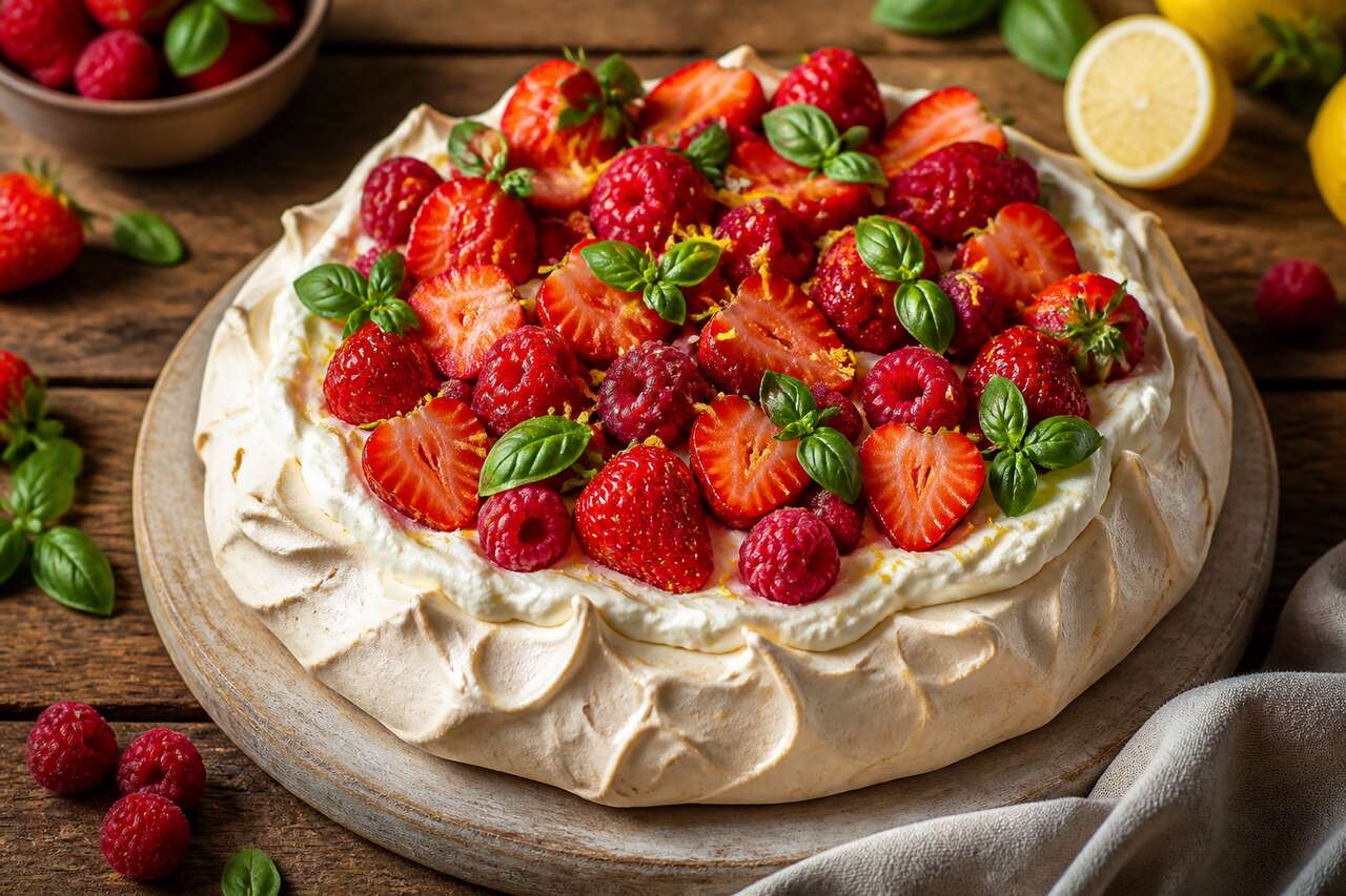 Recette de pavlova aux fraises, framboises et basilic