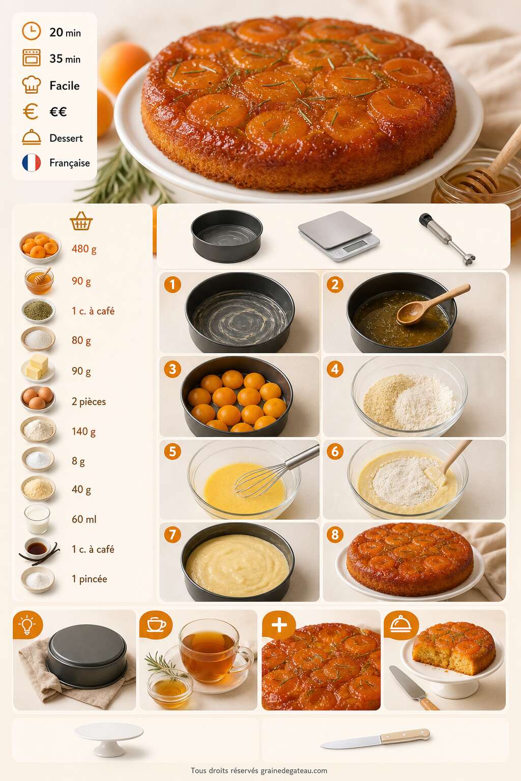 Fiche recette Recette du g&acirc;teau renvers&eacute; &agrave; l'abricot, miel et romarin