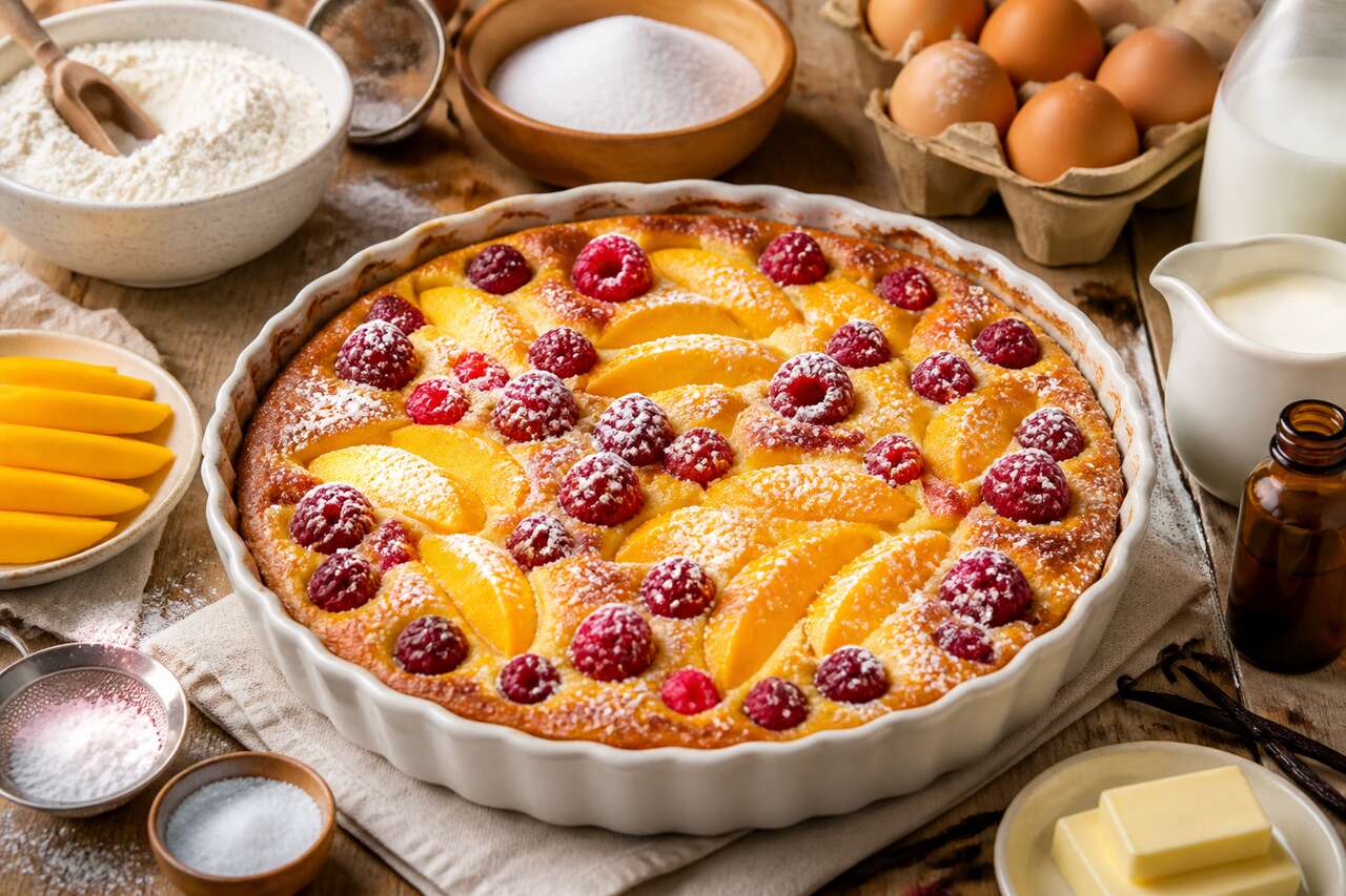 Recette du clafoutis mangue et framboise