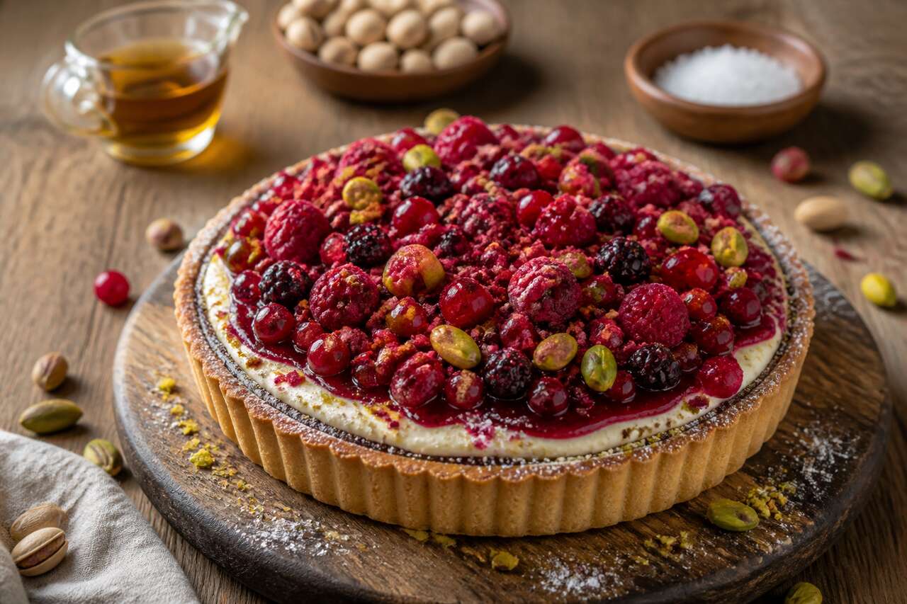 Tarte aux fruits rouges et pistache, crème mascarpone à la vanille
