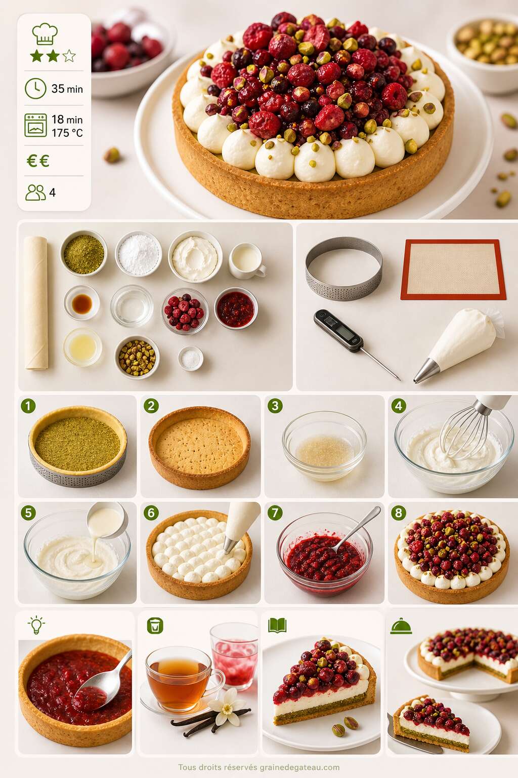 Fiche recette Tarte aux fruits rouges et pistache, crème mascarpone à la vanille Fiche recette Tarte aux fruits rouges et pistache, crème mascarpone à la vanille