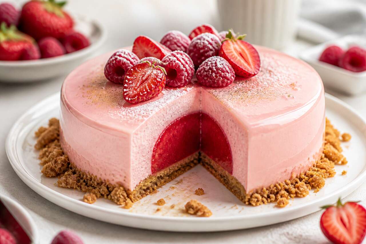 Recette d'entremets mousse framboise avec insert à la fraise