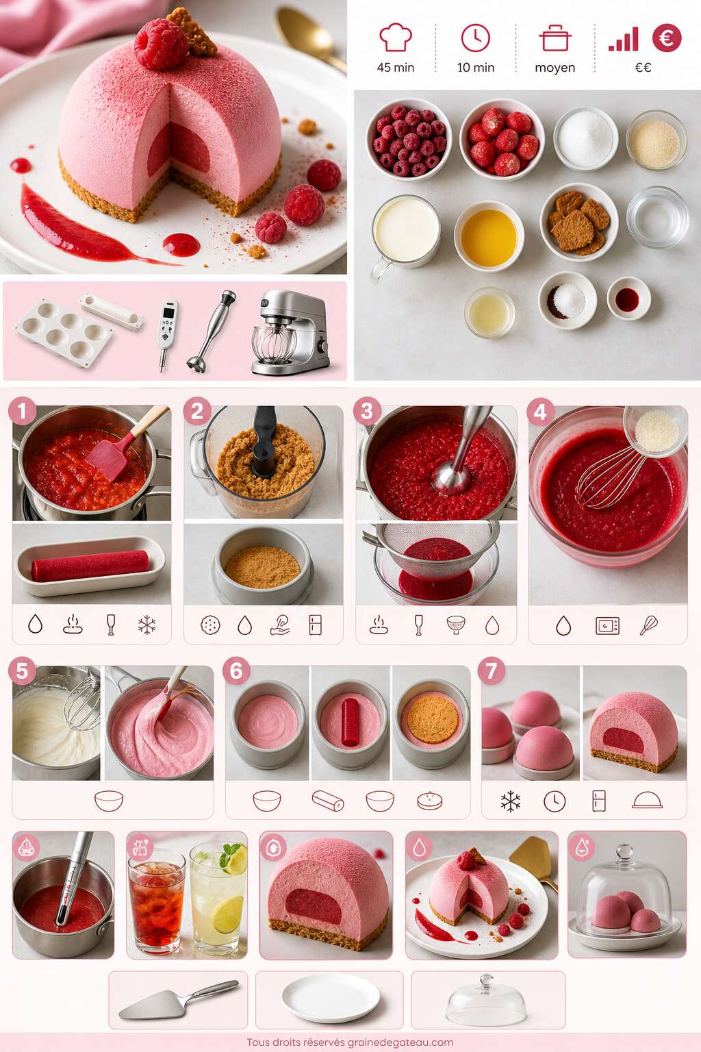 Fiche recette Recette d'entremets mousse framboise avec insert à la fraise Fiche recette Recette d'entremets mousse framboise avec insert à la fraise