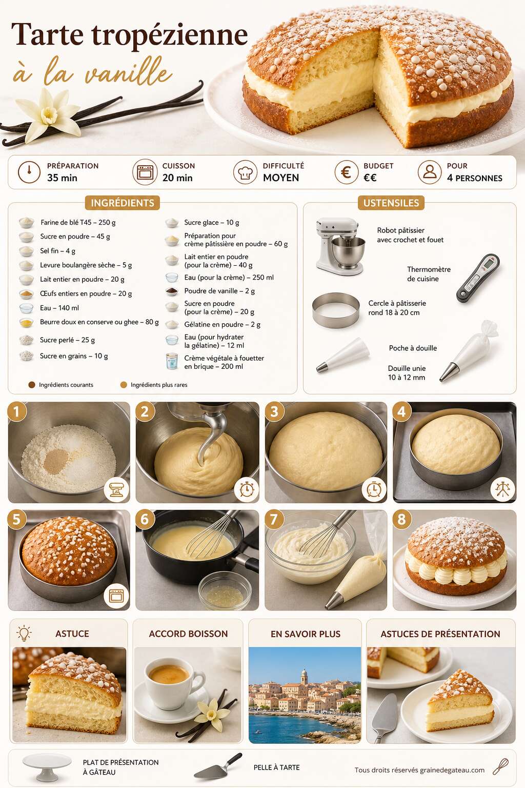 Fiche recette Recette de la tarte tropézienne à la vanille Fiche recette Recette de la tarte tropézienne à la vanille
