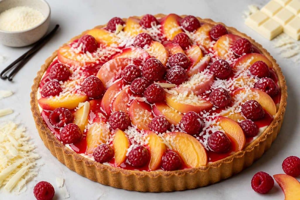 Tarte pêche, framboise et coco de Yann Brys