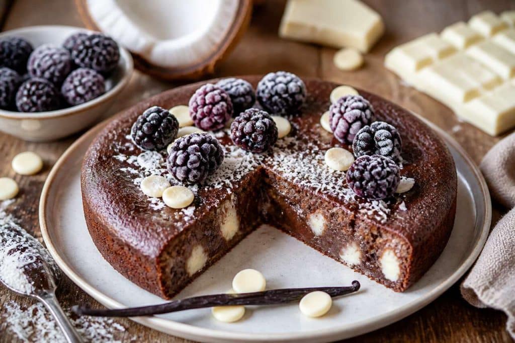 Recette du moelleux au chocolat blanc, coco et mûres
