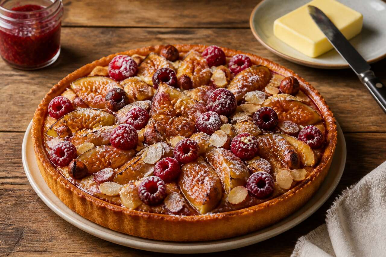 Recette de tarte figue, framboise et noisette