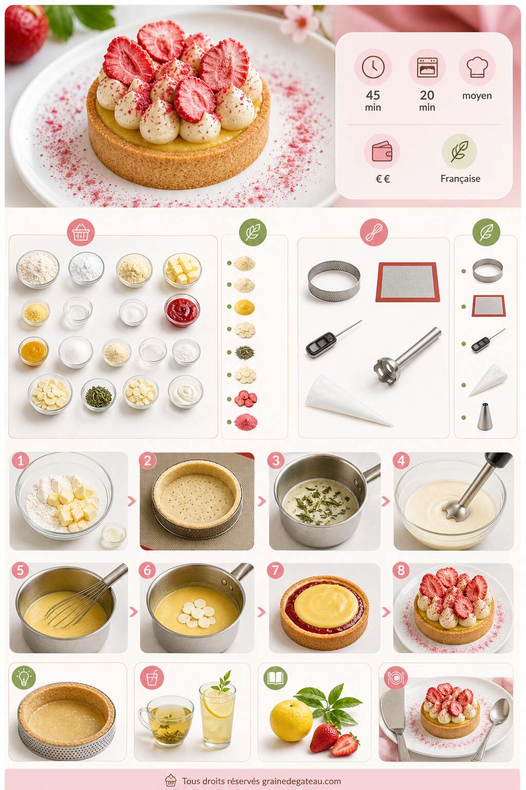 Fiche recette Recette de tartelette fraise, yuzu et verveine Fiche recette Recette de tartelette fraise, yuzu et verveine