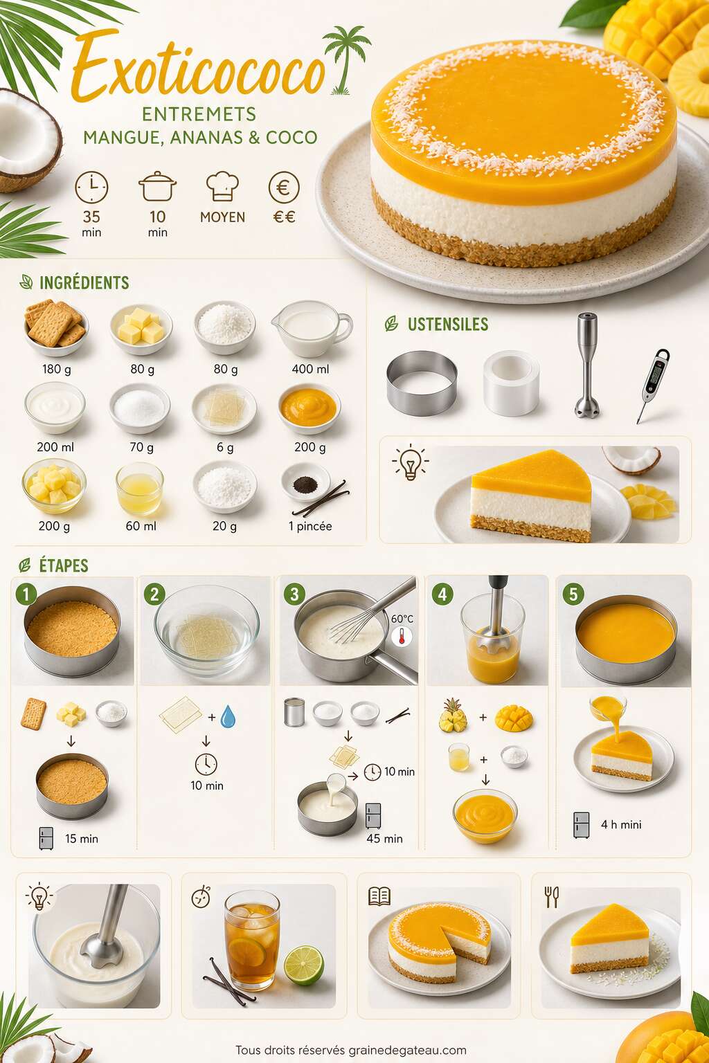 Fiche recette Recette de l'Exoticococo : entremets mangue, ananas et noix de coco