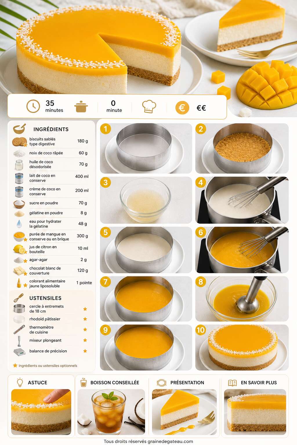 Fiche recette Recette d'entremets mangue et noix de coco
