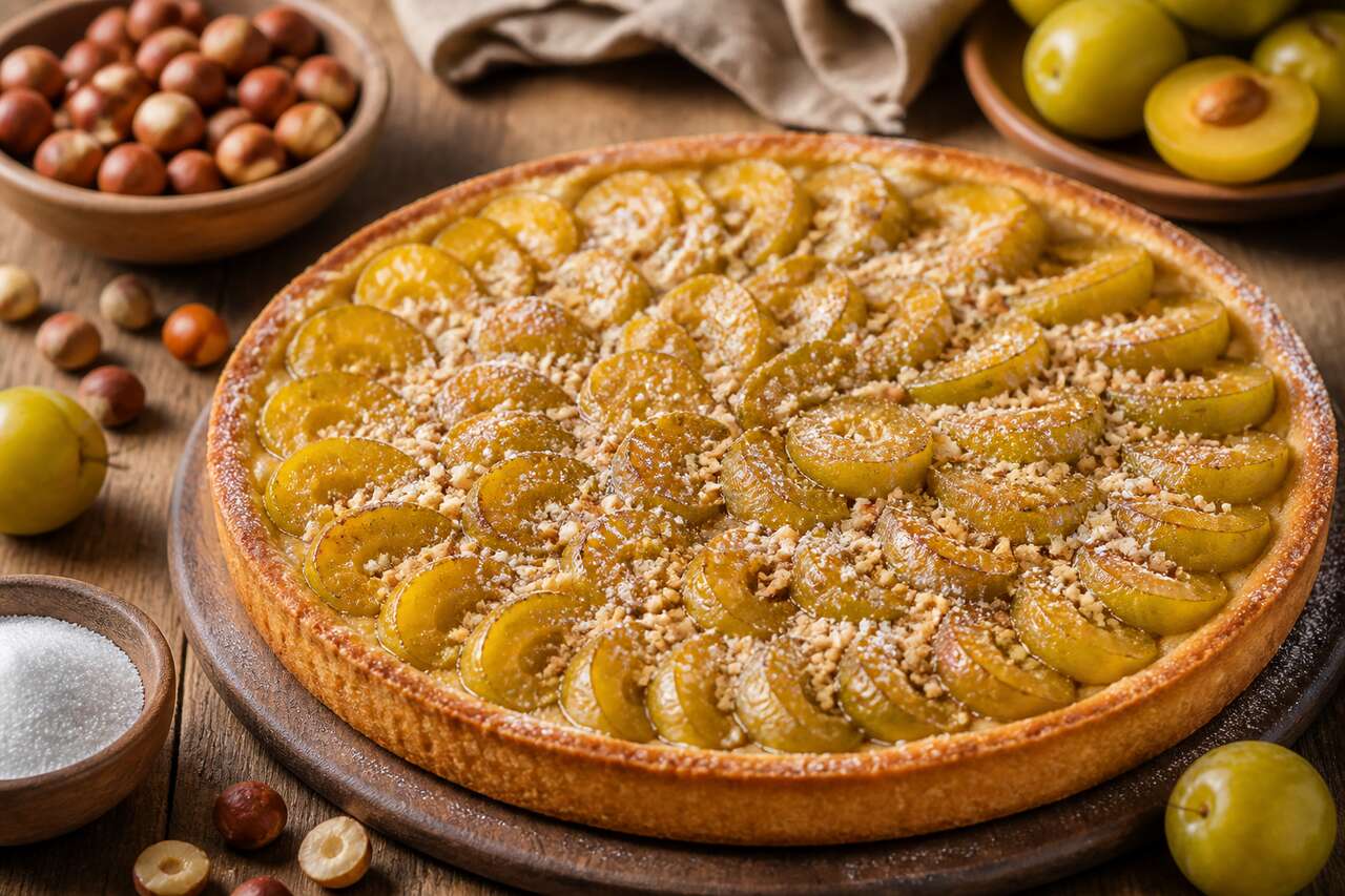 Recette de tarte aux reines-claudes à la crème de noisettes