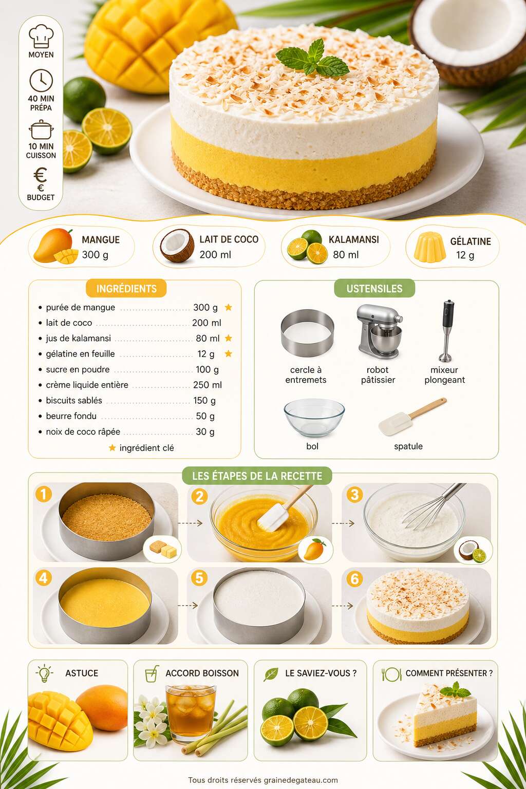 Fiche recette Recette d'entremets mangue, coco et kalamansi Fiche recette Recette d'entremets mangue, coco et kalamansi