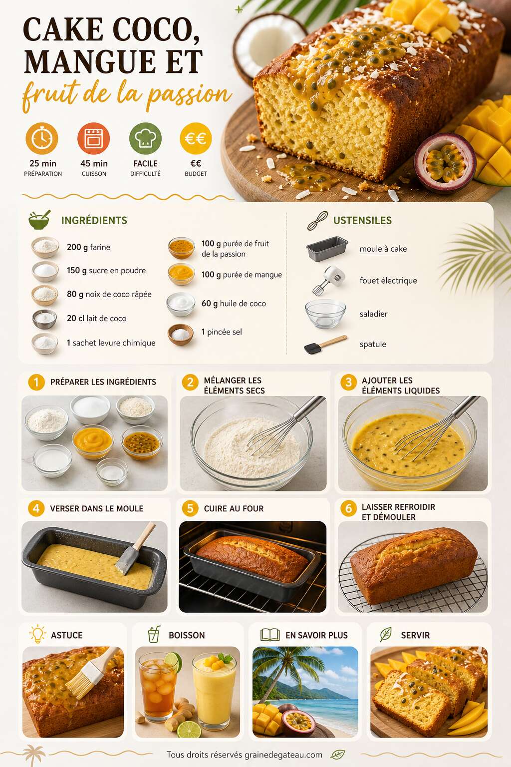Fiche recette Recette du cake coco, mangue et fruit de la passion Fiche recette Recette du cake coco, mangue et fruit de la passion