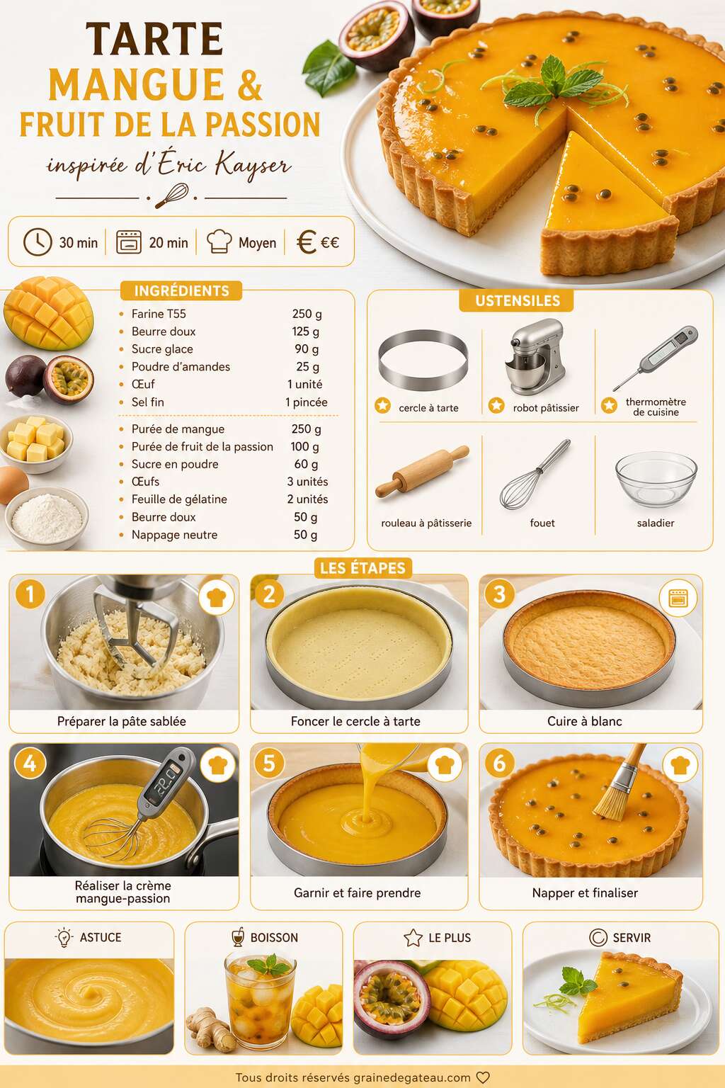 Fiche recette Recette de tarte mangue et fruit de la passion inspirée d'Éric Kayser Fiche recette Recette de tarte mangue et fruit de la passion inspirée d'Éric Kayser