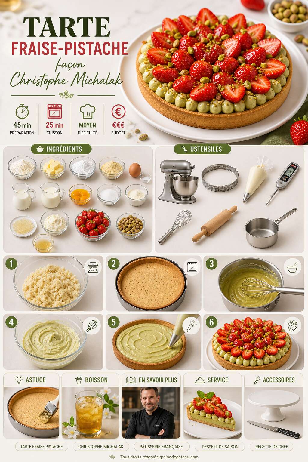 Fiche recette Recette de la tarte fraise-pistache façon Christophe Michalak Fiche recette Recette de la tarte fraise-pistache façon Christophe Michalak