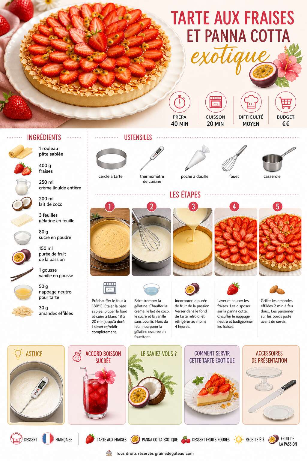 Fiche recette Recette de tarte aux fraises et panna cotta exotique