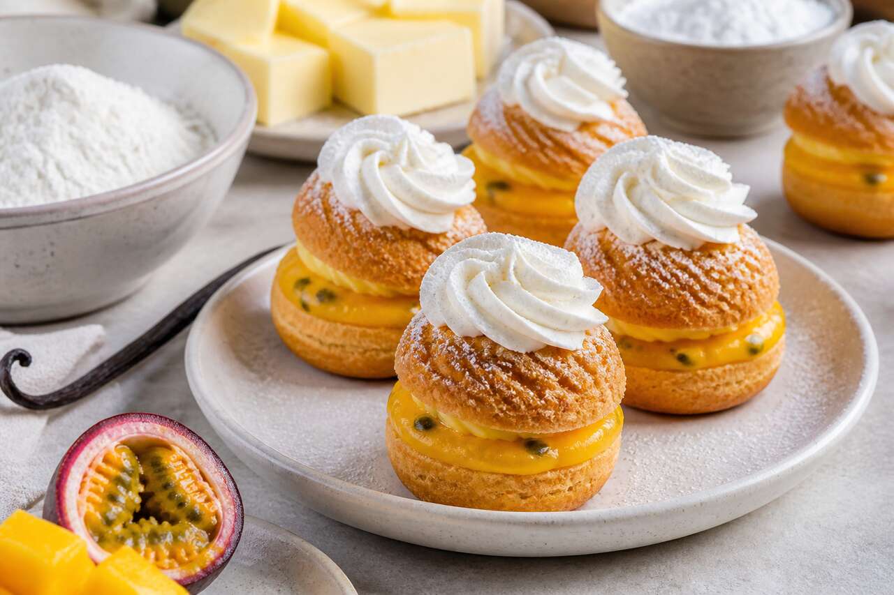 Recette de petits choux mangue, passion et chantilly vanille