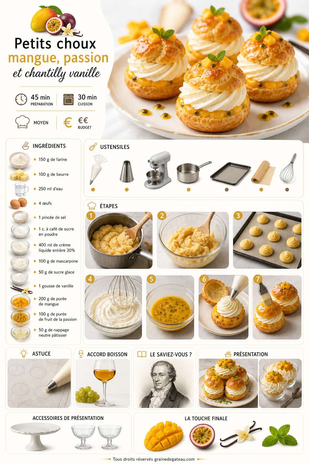 Fiche recette Recette de petits choux mangue, passion et chantilly vanille Fiche recette Recette de petits choux mangue, passion et chantilly vanille