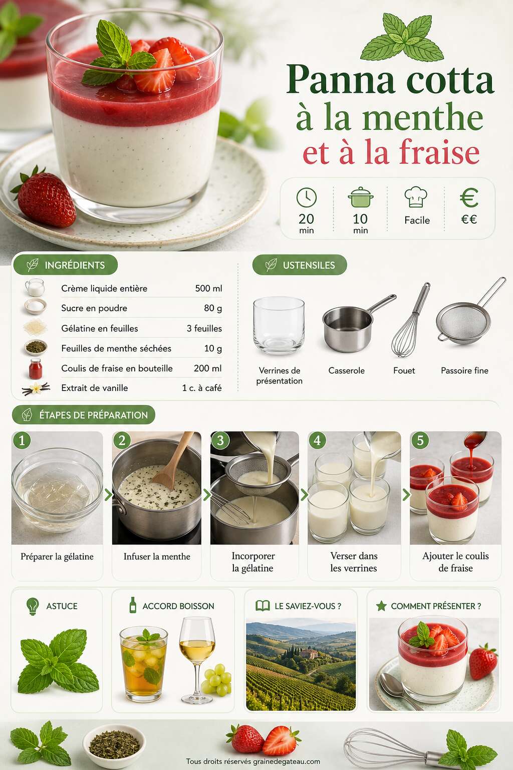 Fiche recette Recette de panna cotta à la menthe et à la fraise Fiche recette Recette de panna cotta à la menthe et à la fraise