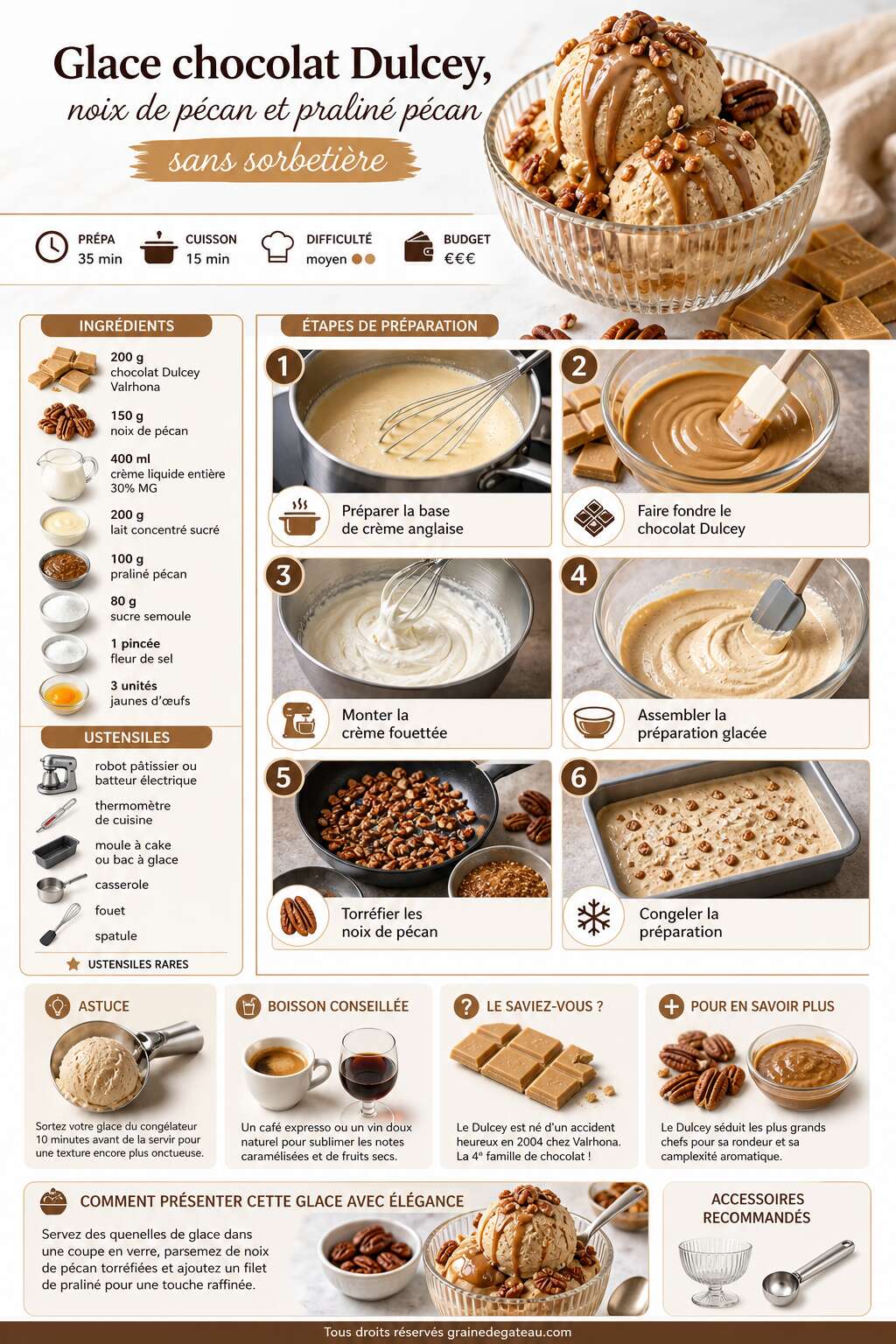 Fiche recette Recette de glace chocolat Dulcey, noix de pécan et praliné pécan sans sorbetière Fiche recette Recette de glace chocolat Dulcey, noix de pécan et praliné pécan sans sorbetière