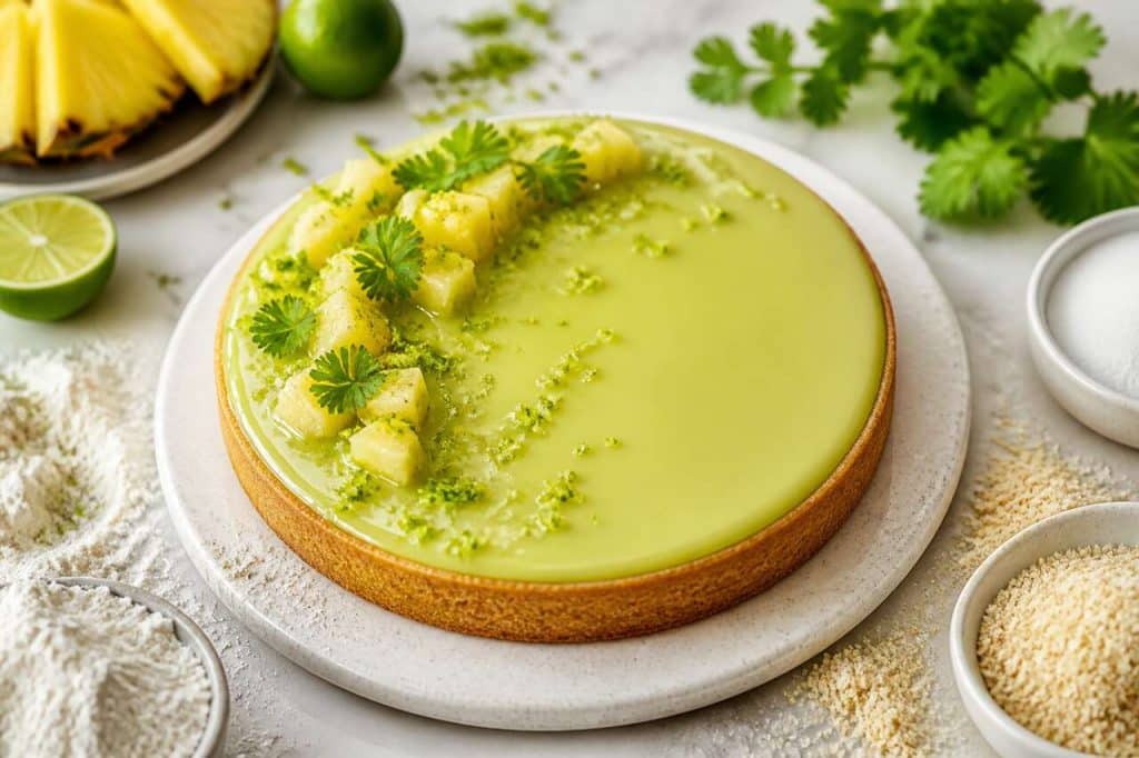 Recette de tarte au citron vert, ananas et coriandre inspirée de William Lamagnère