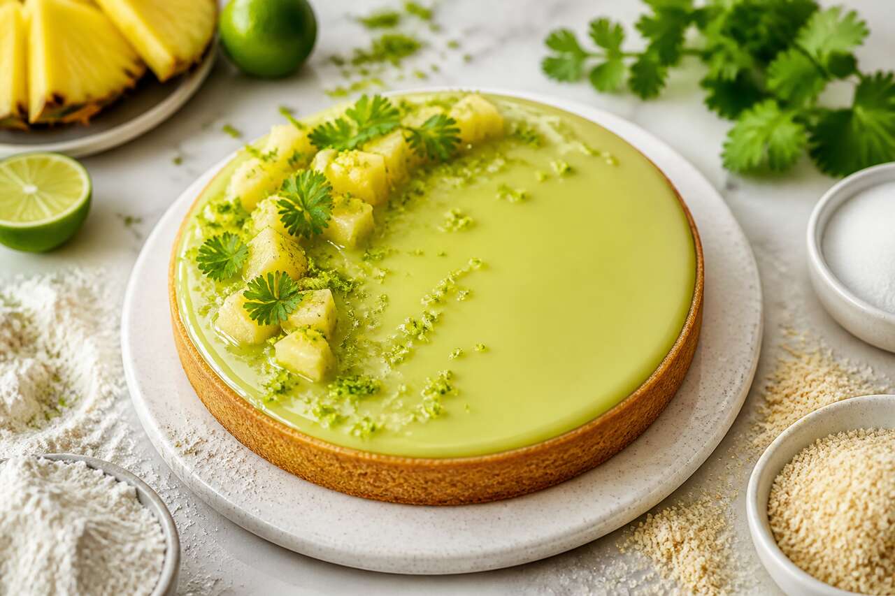 Recette de tarte au citron vert, ananas et coriandre inspirée de William Lamagnère