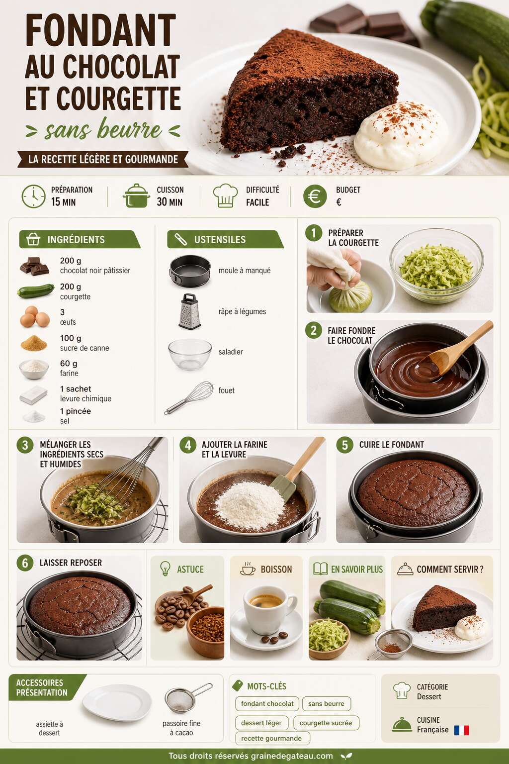 Fiche recette Fondant au chocolat et courgette sans beurre : la recette légère et gourmande Fiche recette Fondant au chocolat et courgette sans beurre : la recette légère et gourmande