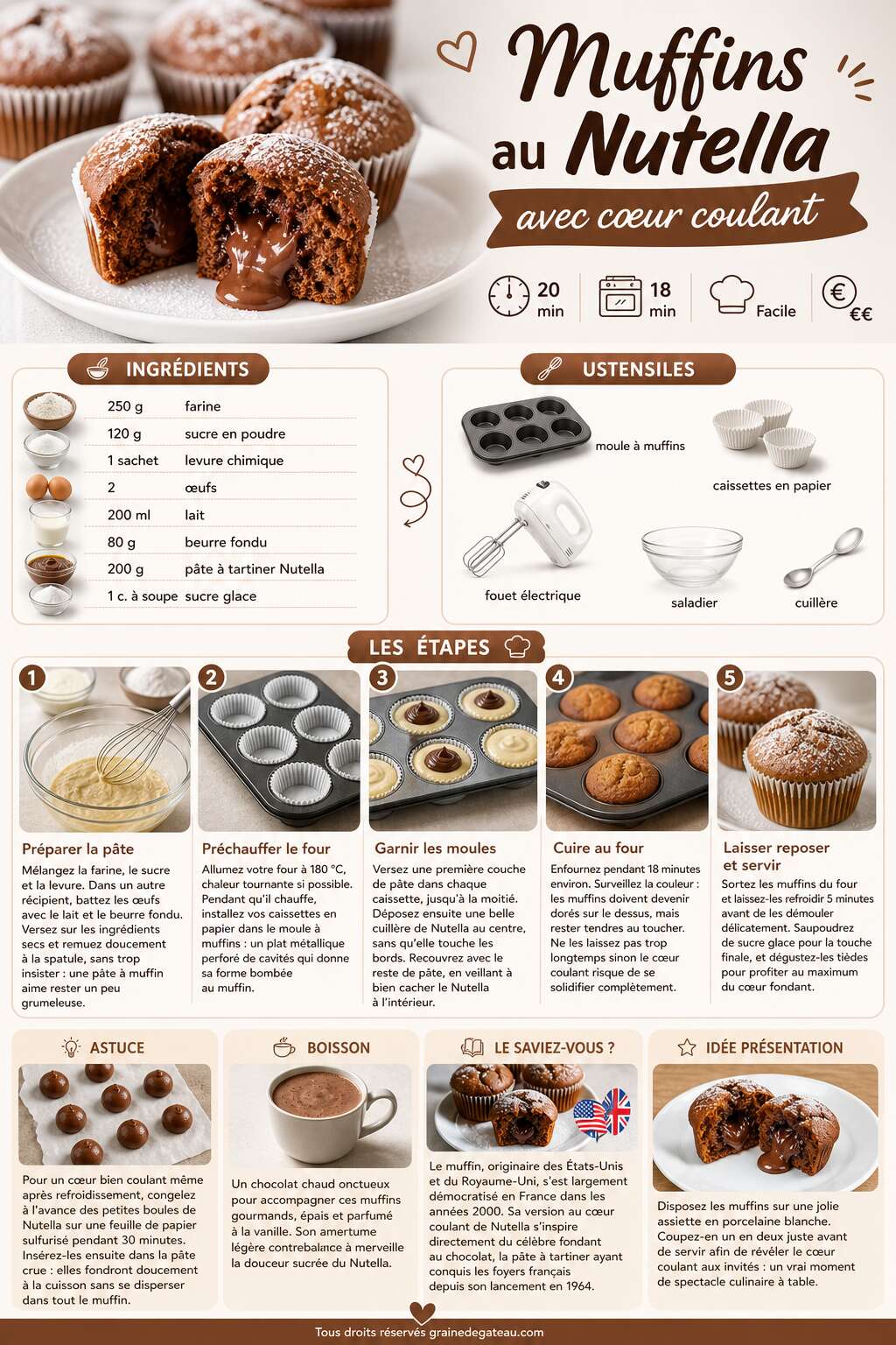 Fiche recette Recette de muffins au Nutella avec cœur coulant Fiche recette Recette de muffins au Nutella avec cœur coulant