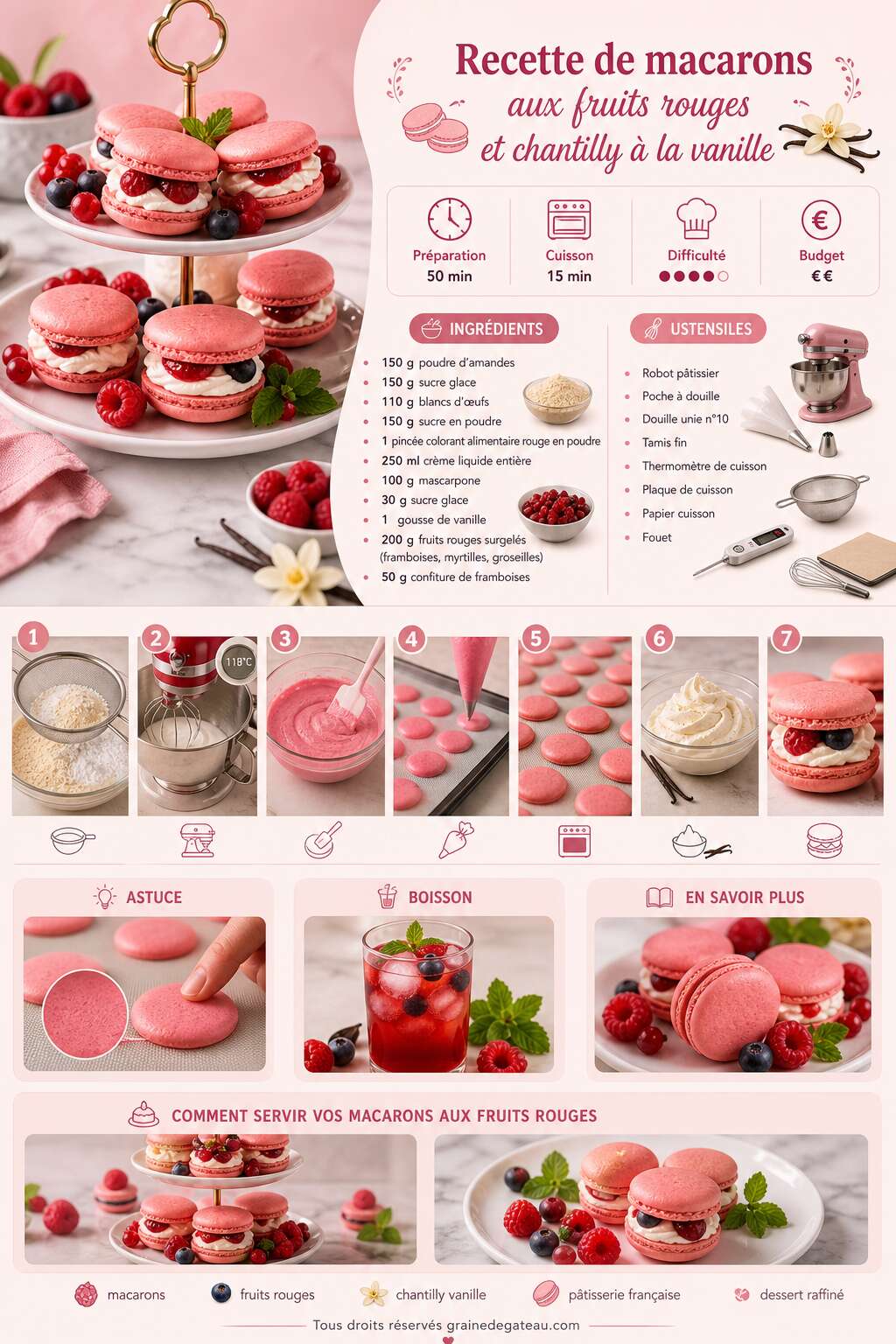 Fiche recette Recette de macarons aux fruits rouges et chantilly à la vanille Fiche recette Recette de macarons aux fruits rouges et chantilly à la vanille