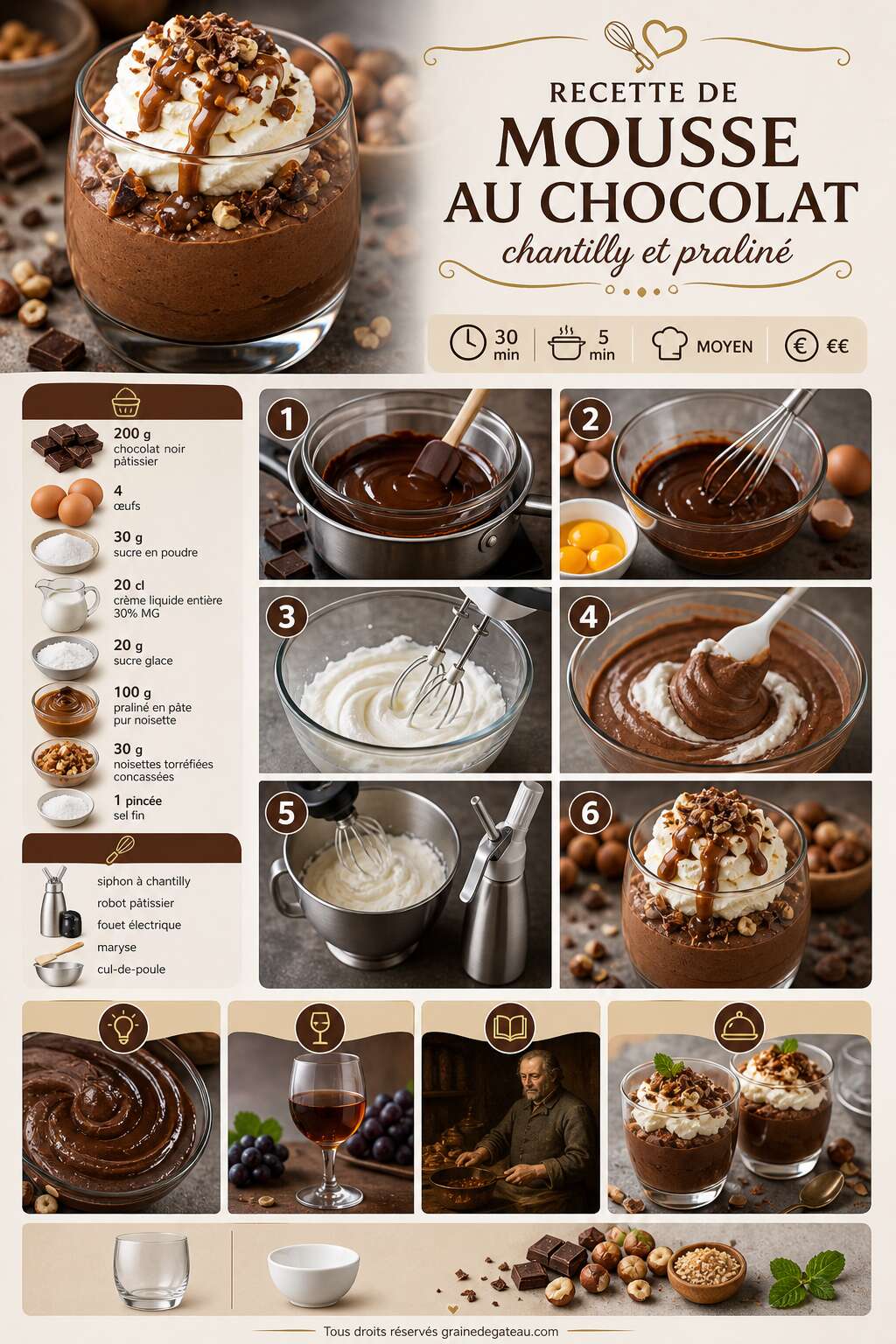 Fiche recette Recette de mousse au chocolat, chantilly et pralin&eacute;