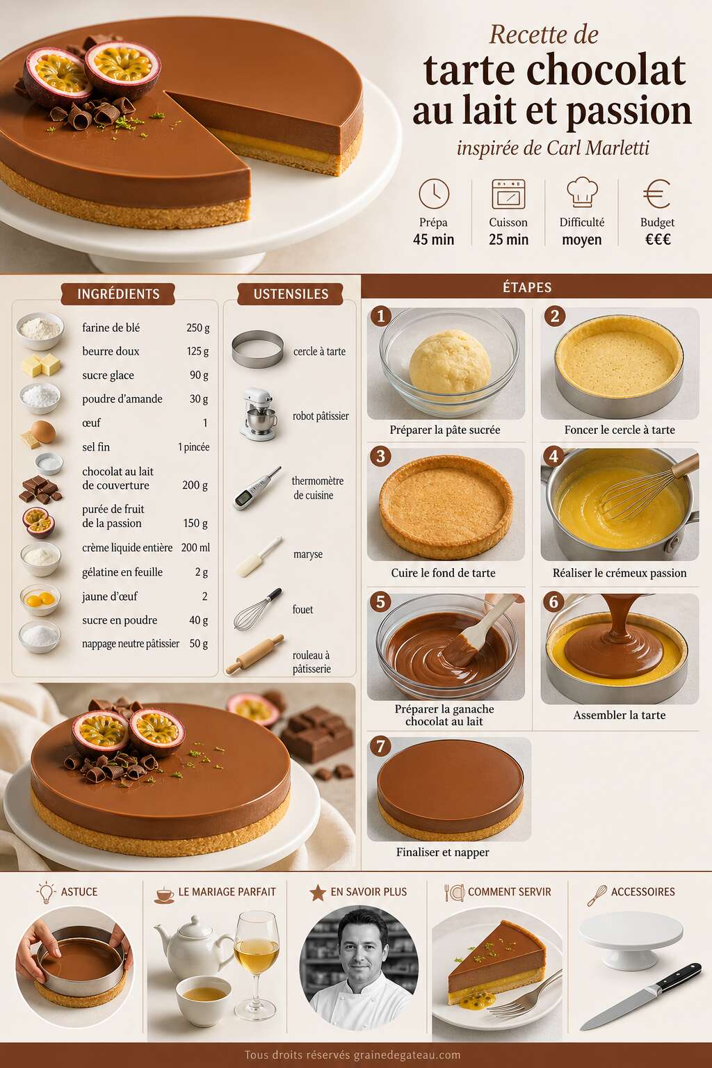 Fiche recette Recette de tarte chocolat au lait et passion inspir&eacute;e de Carl Marletti