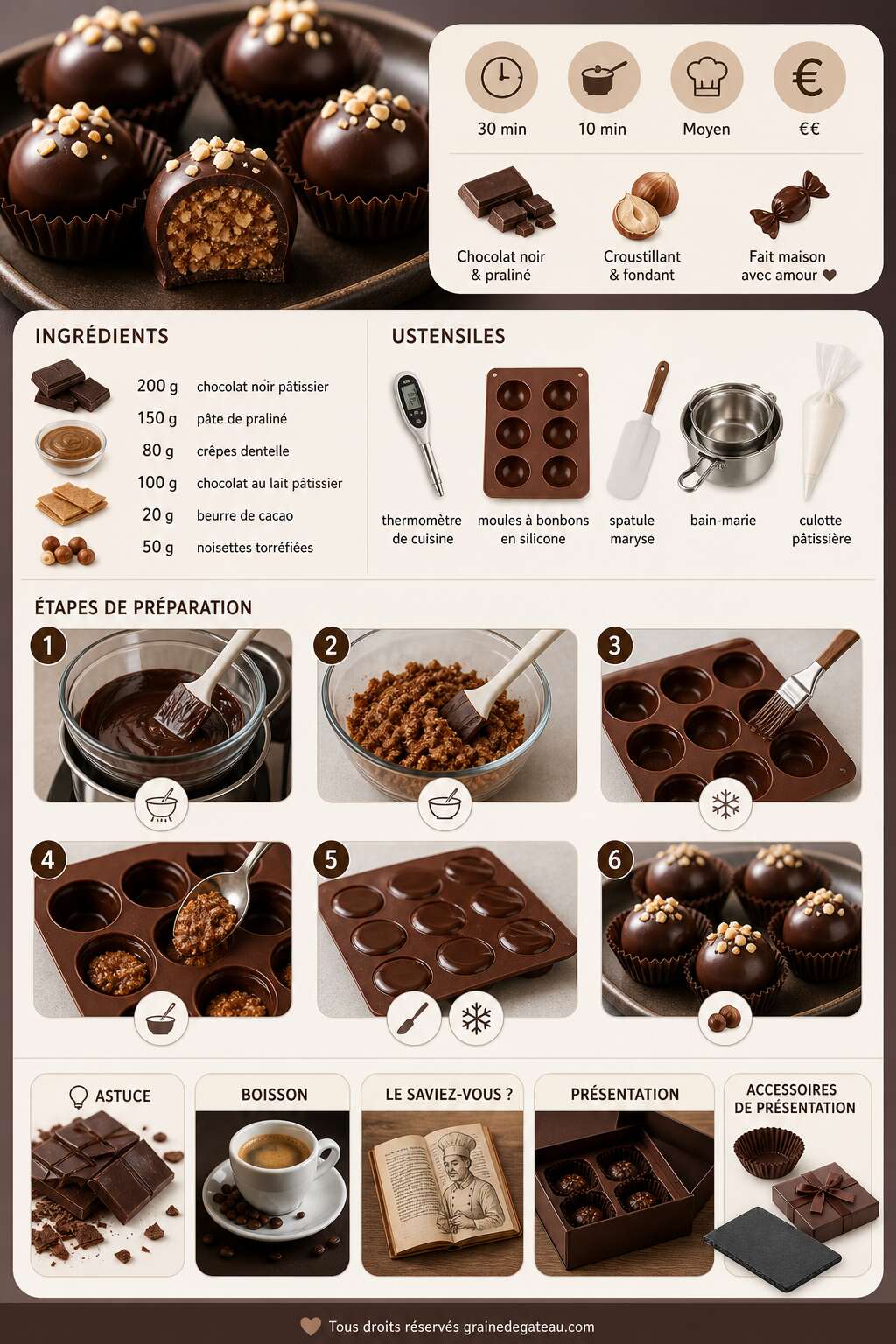 Fiche recette Recette de bonbons chocolat au praliné croustillant Fiche recette Recette de bonbons chocolat au praliné croustillant