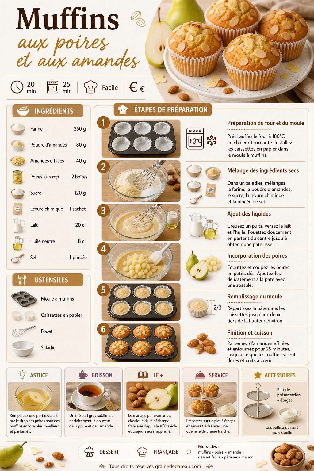 Fiche recette Recette de muffins aux poires et aux amandes Fiche recette Recette de muffins aux poires et aux amandes